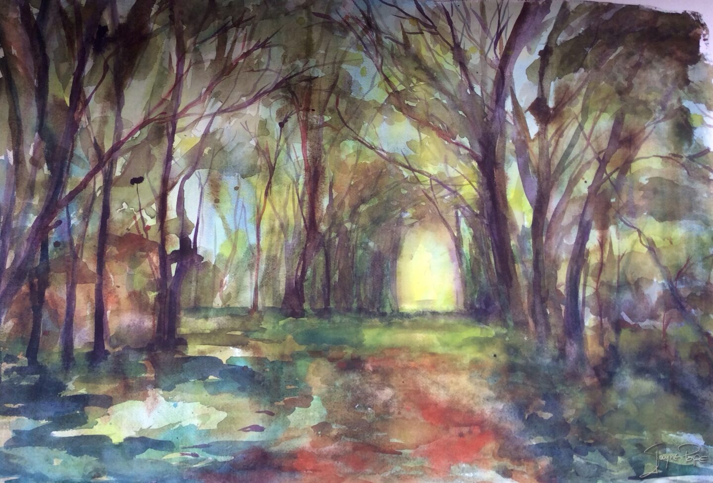 Autumn in badmondisfield woods by British contemporary artist Jayne Pope