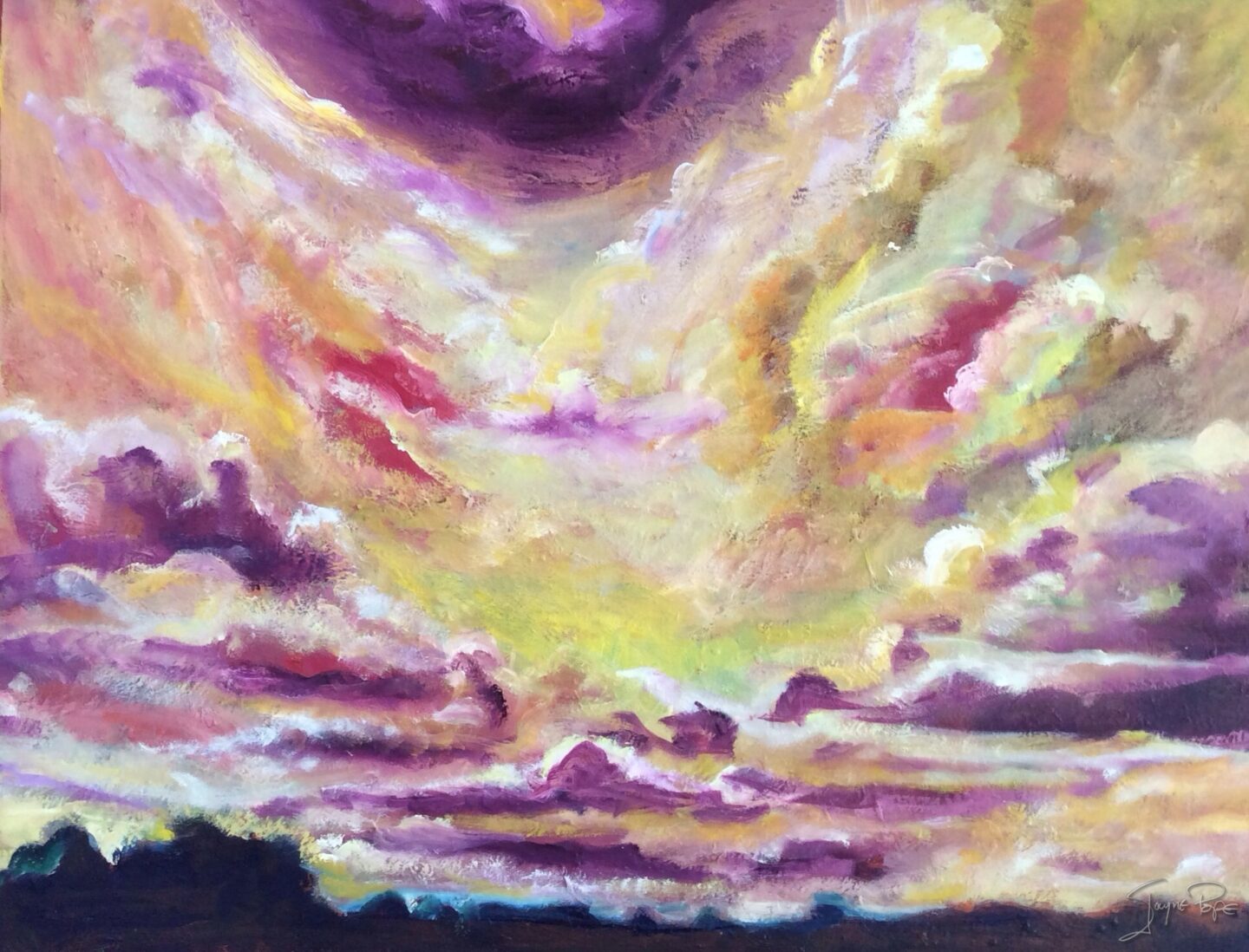 Sun breaking through clouds by contemporary British artist Jayne Pope